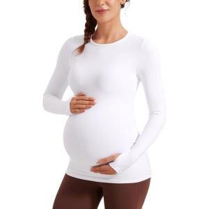 imageCRZ YOGA Womens Butterluxe Long Sleeve Maternity Tops Crewneck Pregnancy Basic Shirts Soft Athletic Yoga Casual Tee BlousesWhite