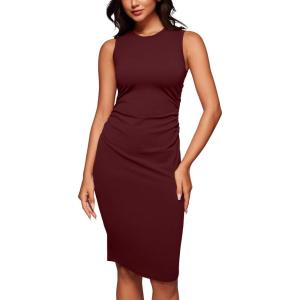 imageCRZ YOGA Womens Butterluxe Summer Sleeveless Midi Dresses Casual Work Cocktail Party Ruched Pencil BodyconRed Merlot