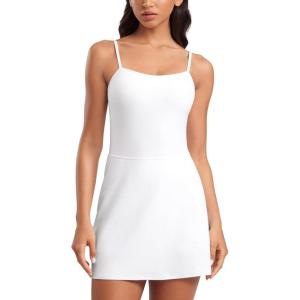 imageCRZ YOGA Womens Butterluxe Tennis Dress Spaghetti Strap Casual Athletic Sports Outfits with Builtin Shorts and BrasWhite