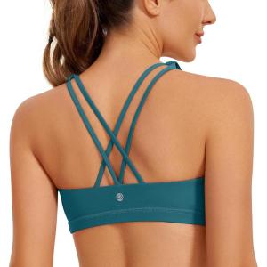 imageCRZ YOGA Womens Light Support Strappy Sports Bra  Low Cut Wirefree Padded Yoga Cami Criss Cross BackBorealis Green