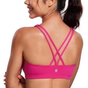 imageCRZ YOGA Womens Light Support Strappy Sports Bra  Low Cut Wirefree Padded Yoga Cami Criss Cross BackGranita Pink