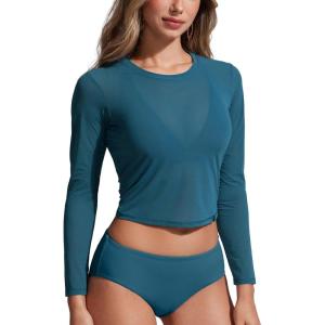 imageCRZ YOGA Womens Mesh Long Sleeve Swimsuit Cover Up Pullover High Neck Crop Bathing Suit Bikini Coverups TopsSapphire Blue