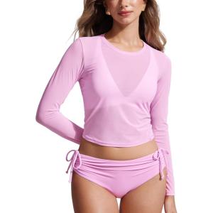 imageCRZ YOGA Womens Mesh Long Sleeve Swimsuit Cover Up Pullover High Neck Crop Bathing Suit Bikini Coverups TopsVita Pink
