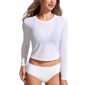 imageCRZ YOGA Womens Mesh Long Sleeve Swimsuit Cover Up Pullover High Neck Crop Bathing Suit Bikini Coverups TopsWhite
