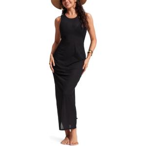 imageCRZ YOGA Womens Mesh Midi Sleeveless Swimsuit Coverup Tank Dress Bathing Suit Beach Cover Ups with Back SlitBlack