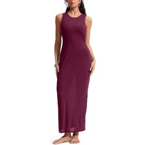 imageCRZ YOGA Womens Mesh Midi Sleeveless Swimsuit Coverup Tank Dress Bathing Suit Beach Cover Ups with Back SlitFuchsia