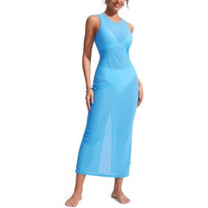 imageCRZ YOGA Womens Mesh Midi Sleeveless Swimsuit Coverup Tank Dress Bathing Suit Beach Cover Ups with Back SlitKayak Blue