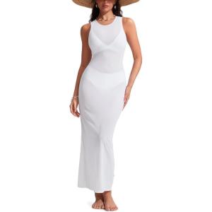 imageCRZ YOGA Womens Mesh Midi Sleeveless Swimsuit Coverup Tank Dress Bathing Suit Beach Cover Ups with Back SlitWhite