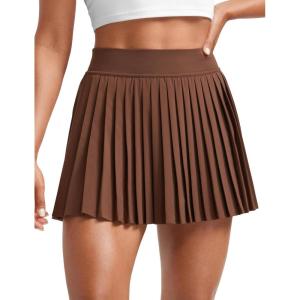 imageCRZ YOGA Womens Mini Pleated Athletic Tennis Skirts High Waisted A Line Golf Pickleball Casual Skort with Inner PocketsCoffee Brown