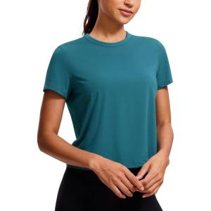 imageCRZ YOGA Womens Pima Cotton Short Sleeve Crop Tops High Neck Cropped Workout Shirts Yoga Athletic Casual TShirtBorealis Green