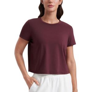 imageCRZ YOGA Womens Pima Cotton Short Sleeve Crop Tops High Neck Cropped Workout Shirts Yoga Athletic Casual TShirtDark Red