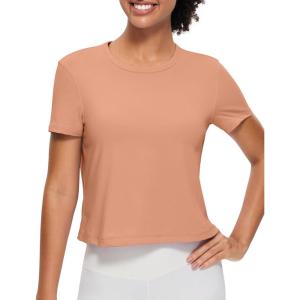 imageCRZ YOGA Womens Pima Cotton Short Sleeve Crop Tops High Neck Cropped Workout Shirts Yoga Athletic Casual TShirtMocha Mousse