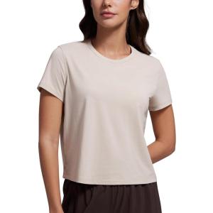 imageCRZ YOGA Womens Pima Cotton Short Sleeve Crop Tops High Neck Cropped Workout Shirts Yoga Athletic Casual TShirtMojave Tan