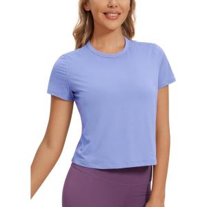 imageCRZ YOGA Womens Pima Cotton Short Sleeve Crop Tops High Neck Cropped Workout Shirts Yoga Athletic Casual TShirtPeriwinkle Purple