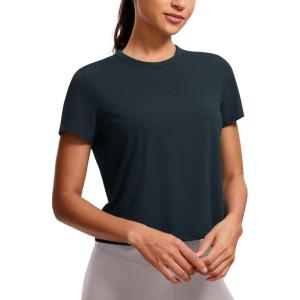 imageCRZ YOGA Womens Pima Cotton Short Sleeve Crop Tops High Neck Cropped Workout Shirts Yoga Athletic Casual TShirtTrue Navy