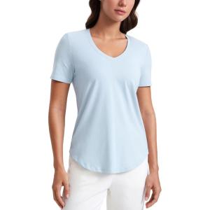 imageCRZ YOGA Womens Pima Cotton V Neck TShirt Short Sleeve Casual Workout Shirts Soft Summer Basic Tee TopsBlue Linen