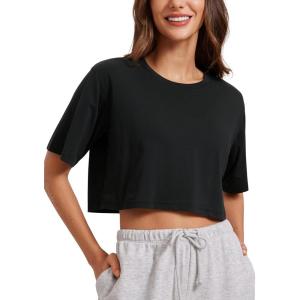 imageCRZ YOGA Womens Pima Cotton Workout Crop Tops Short Sleeve Yoga Shirts Casual Athletic Running TShirtsBlack