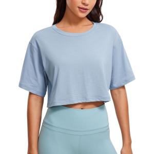 imageCRZ YOGA Womens Pima Cotton Workout Crop Tops Short Sleeve Yoga Shirts Casual Athletic Running TShirtsCambric Blue