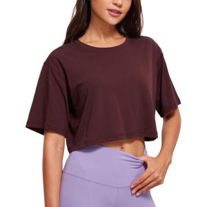 imageCRZ YOGA Womens Pima Cotton Workout Crop Tops Short Sleeve Yoga Shirts Casual Athletic Running TShirtsDark Red
