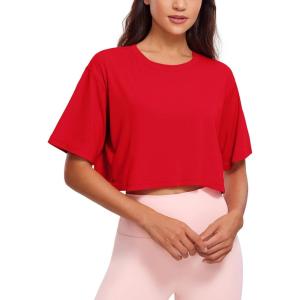 imageCRZ YOGA Womens Pima Cotton Workout Crop Tops Short Sleeve Yoga Shirts Casual Athletic Running TShirtsFestival Red