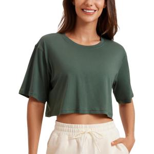 imageCRZ YOGA Womens Pima Cotton Workout Crop Tops Short Sleeve Yoga Shirts Casual Athletic Running TShirtsGrey Olive