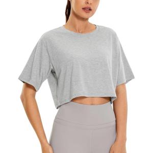 imageCRZ YOGA Womens Pima Cotton Workout Crop Tops Short Sleeve Yoga Shirts Casual Athletic Running TShirtsHeathered Medium Grey