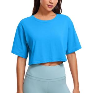 imageCRZ YOGA Womens Pima Cotton Workout Crop Tops Short Sleeve Yoga Shirts Casual Athletic Running TShirtsMadagascar Blue