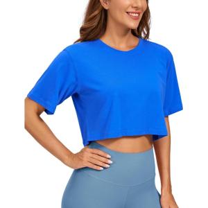 imageCRZ YOGA Womens Pima Cotton Workout Crop Tops Short Sleeve Yoga Shirts Casual Athletic Running TShirtsStrong Blue