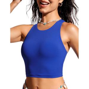 imageCRZ YOGA Womens Racerback Bikini Tops Quick Dry High Neck Modest Swimsuit Padded Sports Bathing SuitWaves Blue