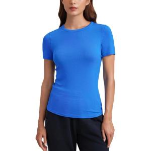 imageCRZ YOGA Womens Ribbed Modal Casual Short Sleeve Crew Neck Basic Shirts Going Out Soft Fitted Stretchy Athletic Workout TopsSparkle Blue