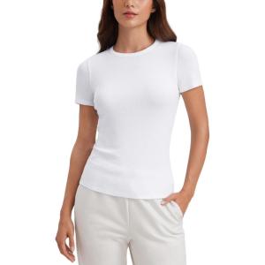 imageCRZ YOGA Womens Ribbed Modal Casual Short Sleeve Crew Neck Basic Shirts Going Out Soft Fitted Stretchy Athletic Workout TopsWhite