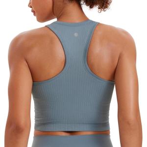imageCRZ YOGA Womens Seamless Ribbed Longline High Neck Sports Bra  Racerback Padded Slim Fit Crop Tank Top with Built in PadsBelgian Blue