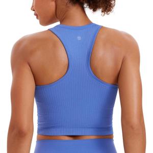 imageCRZ YOGA Womens Seamless Ribbed Longline High Neck Sports Bra  Racerback Padded Slim Fit Crop Tank Top with Built in PadsWild Indigo