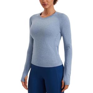 imageCRZ YOGA Womens Seamless Workout Long Sleeve Shirts Quick Dry Gym Athletic Tops Breathable Running Yoga TShirtsOasis Blue Heather