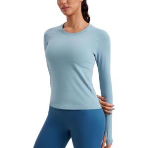 imageCRZ YOGA Womens Seamless Workout Long Sleeve Shirts Quick Dry Gym Athletic Tops Breathable Running Yoga TShirtsPure Blue