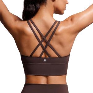 imageCRZ YOGA Womens Strappy Longline Sports Bra  Medium Impact Criss Cross Yoga Padded Workout Crop TopHot Fudge Brown