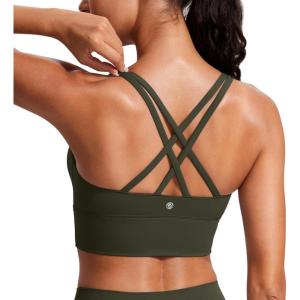 imageCRZ YOGA Womens Strappy Longline Sports Bra  Medium Impact Criss Cross Yoga Padded Workout Crop TopOlive Green