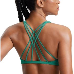 imageCRZ YOGA Womens Strappy Sports Bra  Criss Cross Back Padded Medium Support Wireless Gym Cami Workout YogaCascadia Green