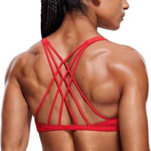 imageCRZ YOGA Womens Strappy Sports Bra  Criss Cross Back Padded Medium Support Wireless Gym Cami Workout YogaDeep Red