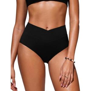 imageCRZ YOGA Womens V Cut Bikini Bottom High Waisted Cross Front Bathing Swimsuit Full Coverage Swim BriefsBlack