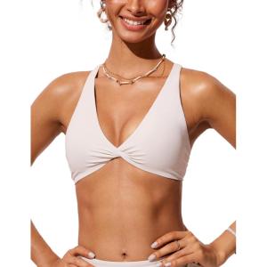 imageCRZ YOGA Womens V Neck Bikini Tops Twist Front Triangle Sexy Bathing Suit Criss Cross Back Swimsuit PaddedMilky White Bone