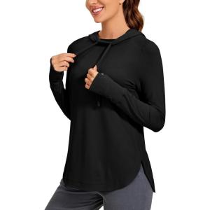 imageCRZ YOGA Workout Long Sleeve Shirt for Women Hoodie Pullover Athletic Hooded Sweatshirts Sports Gym Tops with ThumbholeBlack