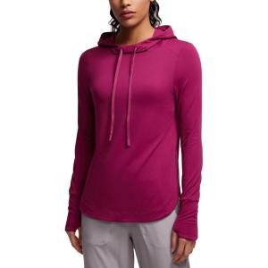 imageCRZ YOGA Workout Long Sleeve Shirt for Women Hoodie Pullover Athletic Hooded Sweatshirts Sports Gym Tops with ThumbholeMagenta Purple