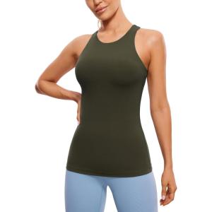 imageCRZ YOGA Butterluxe Womens Racerback High Neck Tank Top  with Built in Bra Workout Padded Yoga Athletic CamisoleOlive Green