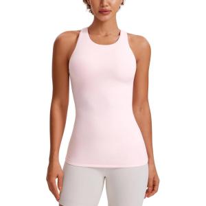 imageCRZ YOGA Butterluxe Womens Racerback High Neck Tank Top  with Built in Bra Workout Padded Yoga Athletic CamisoleStrawberry Pink