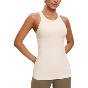 imageCRZ YOGA Butterluxe Womens Racerback High Neck Tank Top  with Built in Bra Workout Padded Yoga Athletic CamisoleWhite Apricot