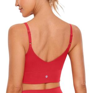 imageCRZ YOGA Adjustable Longline Sports Bra for Women  V Back Wireless Workout Padded Yoga Camisole Cropped Tank TopsCrimson