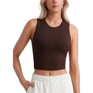 imageCRZ YOGA Butterluxe Soft Double Lined Casual Tops for Women High Neck Yoga Sleeveless Shirts Basic Going Out Workout TanksHot Fudge Brown