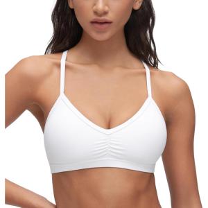 imageCRZ YOGA Butterluxe Womens Ruched V Neck Sports Bra  Y Back Spaghetti Thin Strap Wireless Padded Yoga Crop TopWhite