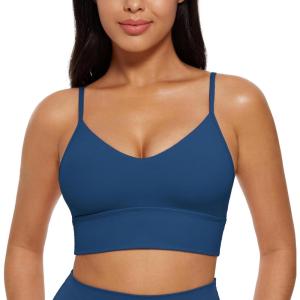 imageCRZ YOGA Butterluxe Womens V Neck Longline Sports Bra  Adjustable Padded Yoga Camisole Workout Crop TopFrench Navy
